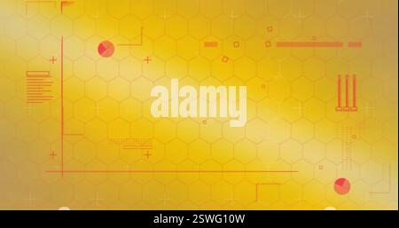 Image of data processing over hexagons on yellow background Stock Photo