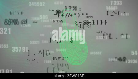 Image of data processing and padlock on gray background Stock Photo