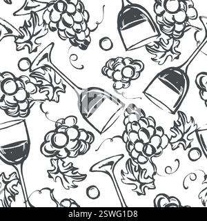 Seamless pattern of wine glasses. Vector illustration imitating a brush and black ink drawing. Clipart for a winery, wine menu or packaging. Fusion of grunge and vintage effect. Stock Vector