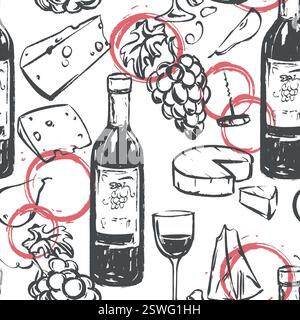 Seamless pattern with wine and snack. Wine glass, cheese, grapes, bottle, glass and wine stains in ink linear sketch style. Background for packaging, wallpaper or package. Stock Vector