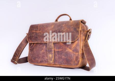 Handcrafted leather bag with premium quality, rich texture, and timeless style-perfect for fashion, travel, and lifestyle marketing. Stock Photo