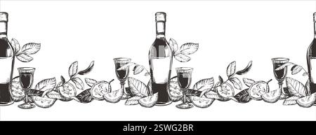 Bottle of Italian liqueur Nocino, glass with aperitif. Vector seamless pattern in engraving technique. Unripe walnut seeds whole and halves, leaves and branches. Linear sketch in black ink. Stock Vector