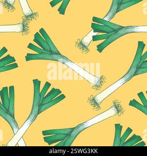 Green leek vector pattern, engraving style. Design for wallpapers, textiles, paper, cafes and restaurants. Onions, herbs, aromatic spices of Italian, French cuisine. Stock Vector