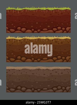 Seamless soil layers. Layered dirt clay, ground layer with stones and grass on dirts cliff texture, underground buried rock, archeology landscape Stock Vector