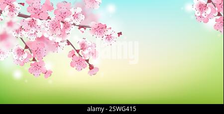 Soft focus. Sakura blooms on a blurry background. Spring is coming. Cherry blossom branch. Romantic vector illustration. Background for wedding invitations. Stock Vector