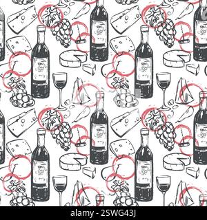 Seamless pattern with wine and snack. Wine glass, cheese, grapes, bottle, glass and wine stains in ink linear sketch style. Background for packaging, wallpaper or package. Stock Vector