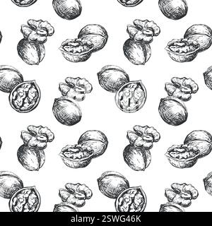 Hand drawn walnut sketch vector illustration. Seamless pattern walnut kernel, whole walnut, shell sketch icon. Fresh organic food, oil. Black and white nut drawing. Isolated on white background. Stock Vector