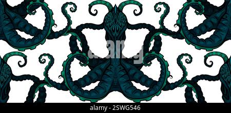 Vector seamless pattern with dark creepy octopuses on a white background. Texture with sea inhabitants with tentacles for wallpapers and fabrics. Stock Vector