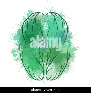 Vector illustration of healthy human brain from green watercolor splashes top view. Internal organ from stains. Eco brain. Inspiration and meditation. Stock Vector