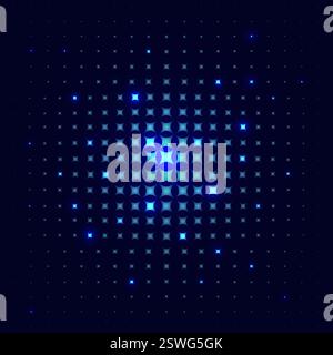 Vector blue technology halftone background. Grainy mosaic with pixelated on dark background. Neon futuristic dotted card Stock Vector