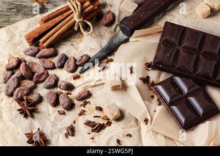 Dark chocolate with cocoa beans Stock Photo