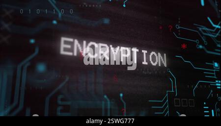 Image of encryption text over network and processing data on black background Stock Photo