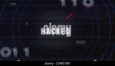 Image of hacked text over network and processing data on black background Stock Photo