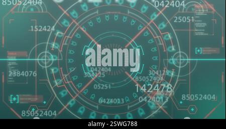Image of circular scanner and numeric data processing on dark green background Stock Photo
