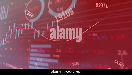 Image of numeric data processing over graphs charts on dark background Stock Photo