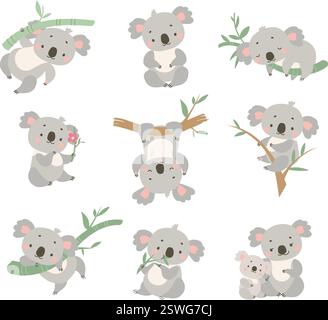 Cute koala. Cartoon koalas, wild australian bears on eucalyptus tree branches. Funny animals in different poses, children mascots nowaday vector Stock Vector