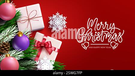 Christmas greeting vector background design. Merry christmas typography text in red space with xmas gifts, balls and pine leaves elements for holiday Stock Vector