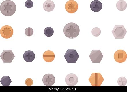 Bolts screws heads. Different screw top view. Industrial construction isolated elements, fasteners tools for repair and building, carpenter work Stock Vector
