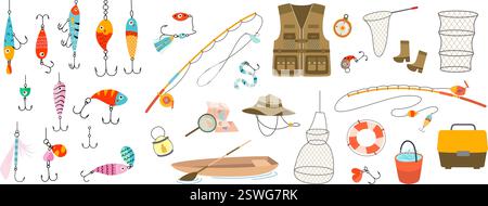 Fishing accessories. Different lures, rods, fish hooks, baits, plastic bucket with water for fish. Angling equipment and fisherman clothes, nowaday Stock Vector