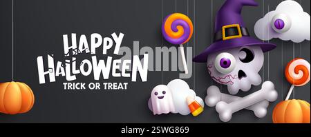 Halloween vector background design. Happy halloween greeting text with skeleton skull character, pumpkin and lollipop hanging elements for spooky Stock Vector