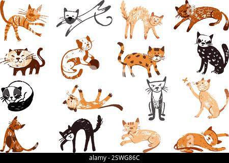 Pencil drawing cats. Crayon drawn childish style cat and kitten. Isolated pets characters in different poses. Lazy and active animals, neoteric vector Stock Vector