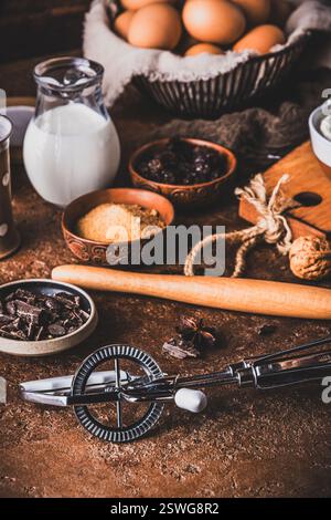 Assorted baking ingredients on wooden vintage table, brown colors. Preparation for home baking. Stock Photo