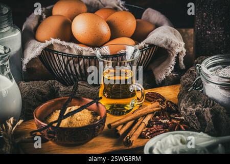Assorted baking ingredients on wooden vintage table, brown colors. Preparation for home baking. Stock Photo