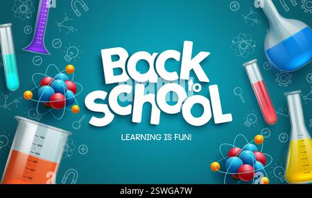 Back to school vector background design. Back to school text with science laboratory elements and knowledge icon in chalkboard for educational lab Stock Vector