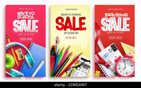 Back to school sale vector poster design. Back to school text in promotion flyers with notebooks, pencil and watercolor learning elements Stock Vector