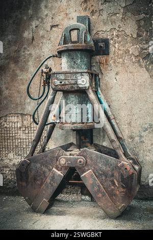 Old rusty excavator shovel in a disused public industrial park, vertical. Landschaftspark Duisburg-Nord, Germany Stock Photo