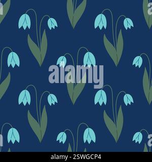 Snowdrops seamless pattern. Flower of Snowdrops on dark blue background. Doodle style. Hand drawn Vector texture. Fabric design. Flat design Stock Vector