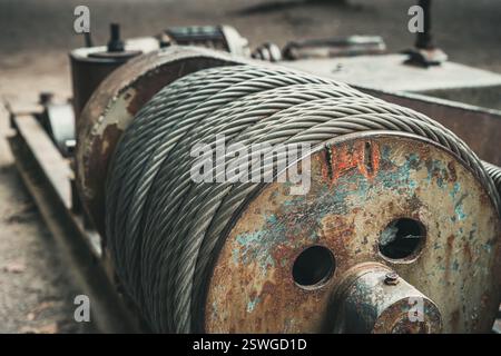 Steel cable on a winch, detail of an old industrial plant, part of an old industrial plant  Landschaftspark Duisburg-Nord, Germany Stock Photo