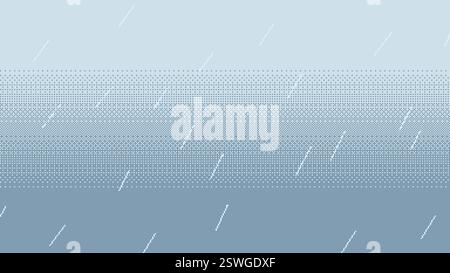 Pixel art rain fall on blue gradient background. Rain drops falling backdrop, retro video-game style vector illustration Stock Vector