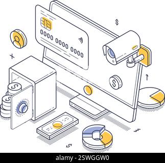 Line art isometric vector illustration of online banking, emphasizing security with a safe, monitor, and financial charts connected by digital element Stock Vector
