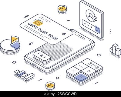 Various elements of electronic payment systems, including a mobile device, digital cards, and financial charts. Modern line art isometric vector illus Stock Vector