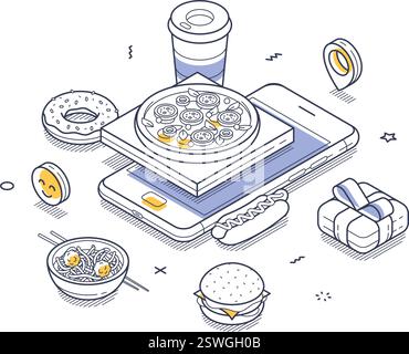 Delivery app concept isometric vector illustration showcases various food delivery options with illustrations of pizza, burgers, and beverages situate Stock Vector