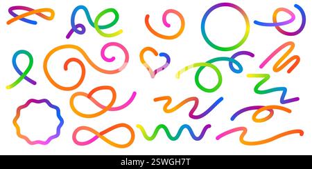 Abstract Color Rainbow Gradient Shapes Set. Vector Graphic with Wavy Lines in Bright Colors. Colorful Fluid Wave Pattern. Squiggly Design Elements. Stock Vector