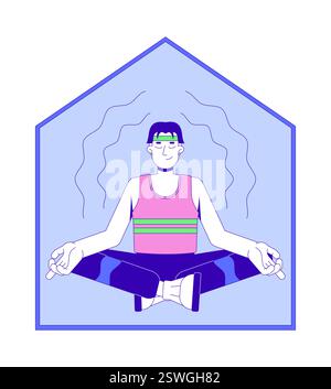 Young asian man in tank top meditating in peaceful home 2D cartoon character Stock Vector