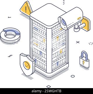 Line art shows a secure data center with surveillance cameras and locks. Security measures to protect digital information from threats. Line art isome Stock Vector