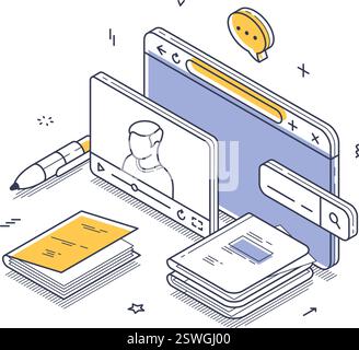Essential tools for online education, including a tablet, books, and a video call interface, emphasizing digital learning in a modern context. Isometr Stock Vector