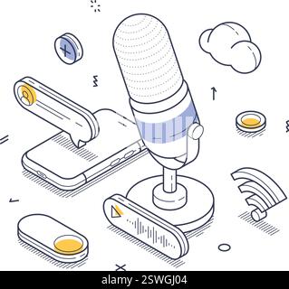 Microphone surrounded by audio-related icons like sound waves and mobile devices. Online communication and creativity activities like streaming, podca Stock Vector