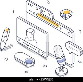 Creative digital workspace concept with isometric line art, showcasing elements such as a microphone, video call interface, and pen, highlighting onli Stock Vector