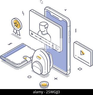 Digital learning tools, featuring a smartphone with a video lecture, a backpack, and interactive icons for online education. Modern isometric line art Stock Vector