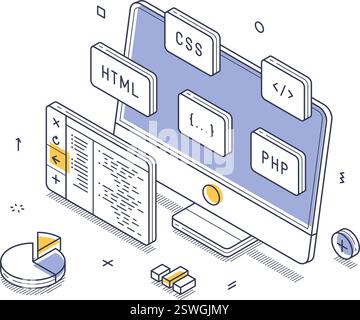 Digital workspace with a computer, showcasing various web development tools and coding elements like HTML, CSS, and PHP. A pie chart adds data analysi Stock Vector