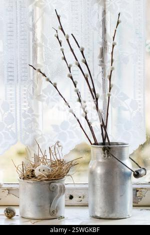 Willow and quail eggs Stock Photo