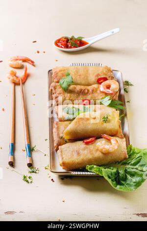 Spring rolls with vegetables and shrimps Stock Photo