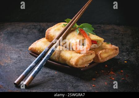 Spring rolls with vegetables and shrimps Stock Photo