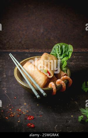 Spring rolls with vegetables and shrimps Stock Photo
