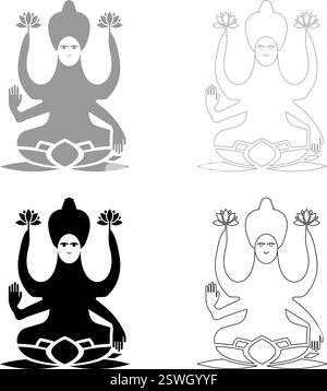 Lakshmi Goddess set icon grey black color vector illustration image simple solid fill outline contour line thin flat style Stock Vector