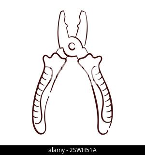 Pliers tool icon in line art style. Hand drawn logo of repair tool for Construction business isolated on a white background. Stock Vector